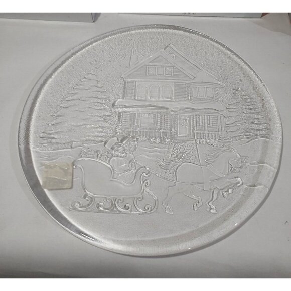 Libby Winter Christmas Holiday Sleigh Ride Clear Glass Serving Platter Plate - Picture 3 of 10
